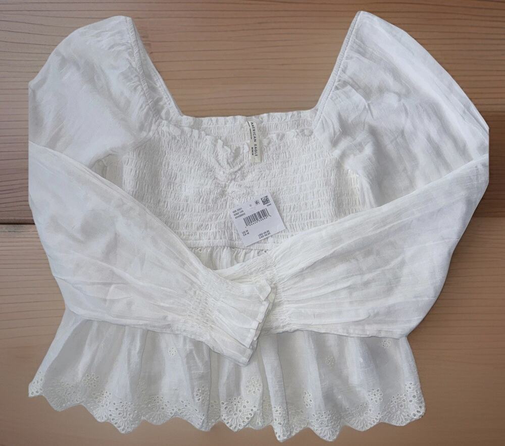 American Eagle Smocked Peplum Blouse White Puff Sleeve Women’s M NWT